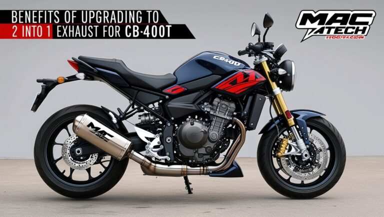 Mac 2 into 1 Exhaust system installed on a CB400T, showcasing enhanced performance and sleek design for motorcycle enthusiasts.