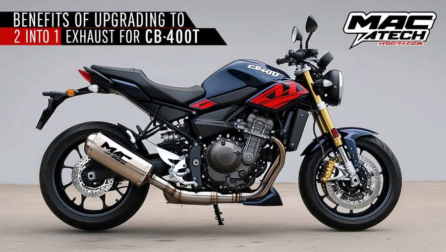 Mac 2 into 1 Exhaust system installed on a CB400T, showcasing enhanced performance and sleek design for motorcycle enthusiasts.